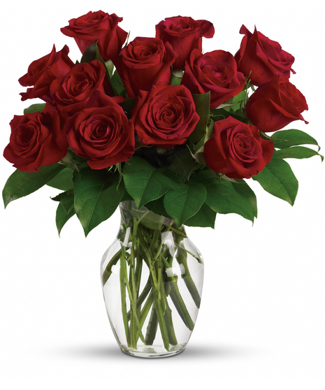 A dozen long stem red roses arranged in a clear vase with elegant greenery.
